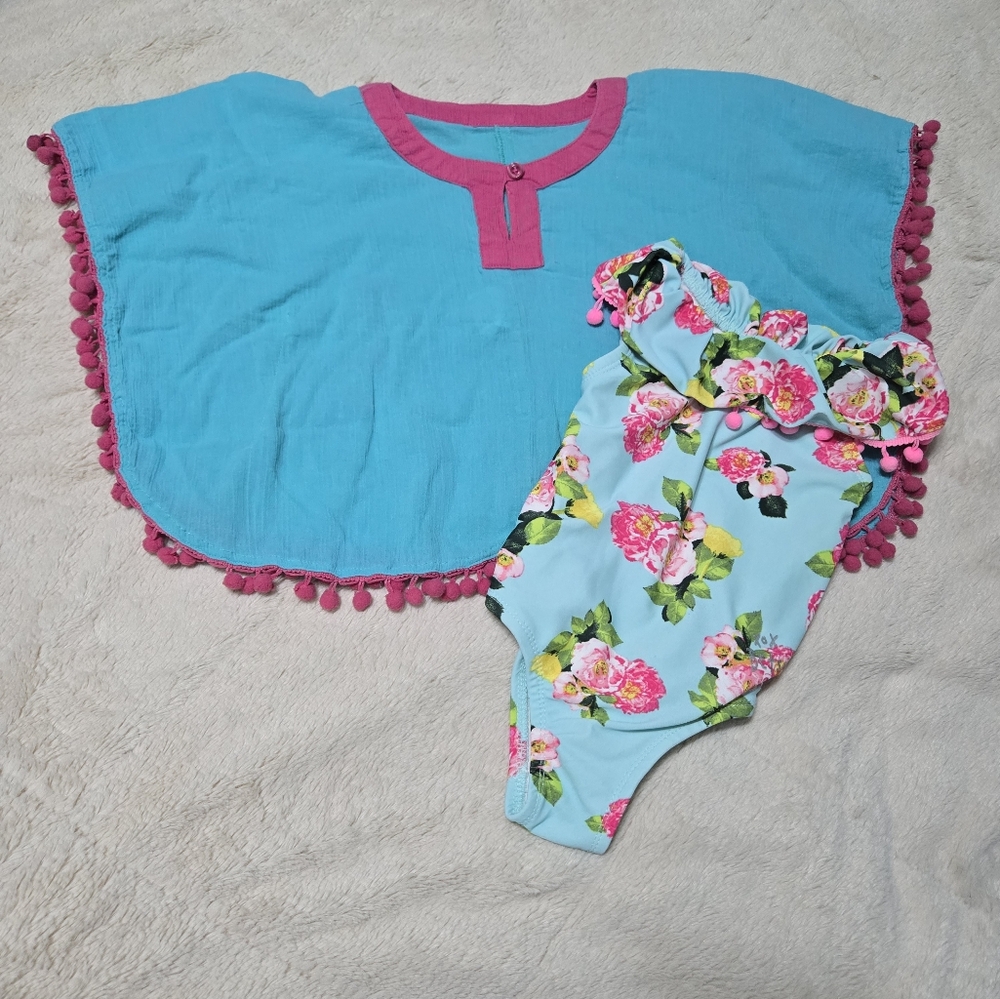 Betsey Johnson pom floral swimsuit, 2T and Ruffle Butts aqua blue pom top 12-24m